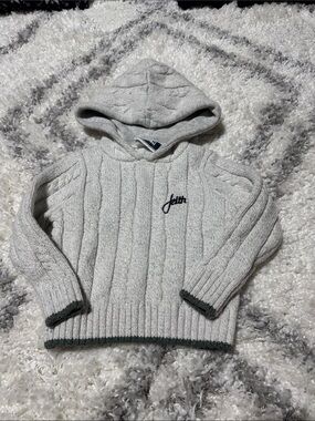 Kith kids Cable-Knit Hooded Sweater with Olive  Trim worn 1x Msrp $85 size 3